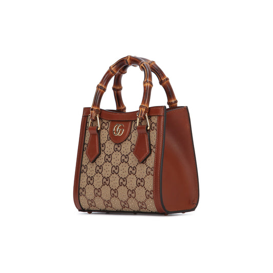 Gucci Mala Tote Pequena Diana Crystals em Lona GG