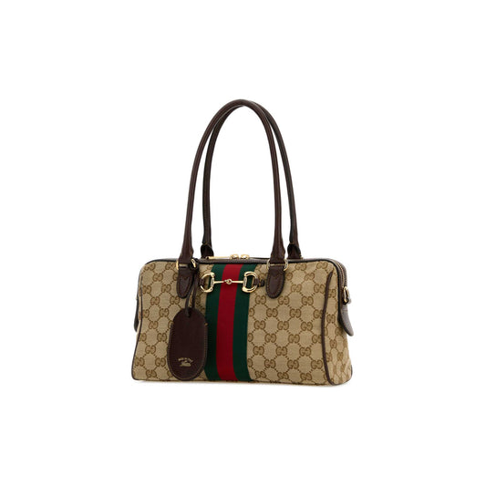 Gucci Mala Horsebit Web Borsetto em Lona — Bege