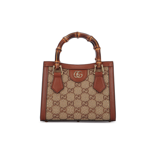 Gucci Mala Tote Pequena Diana Crystals em Lona GG